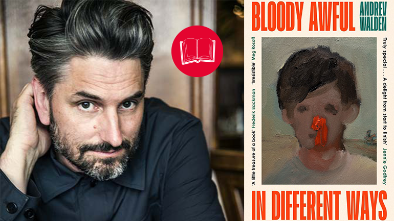 Andrev Walden in a black shirt, with the cover of the book Bloody Awful in Different Ways and the red logo featuring a white book for Mau Reads.