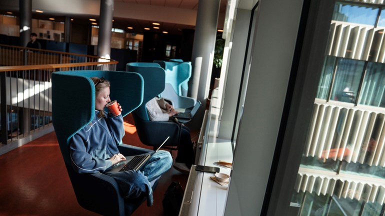 A student is sitting in an armchair with a laptop.