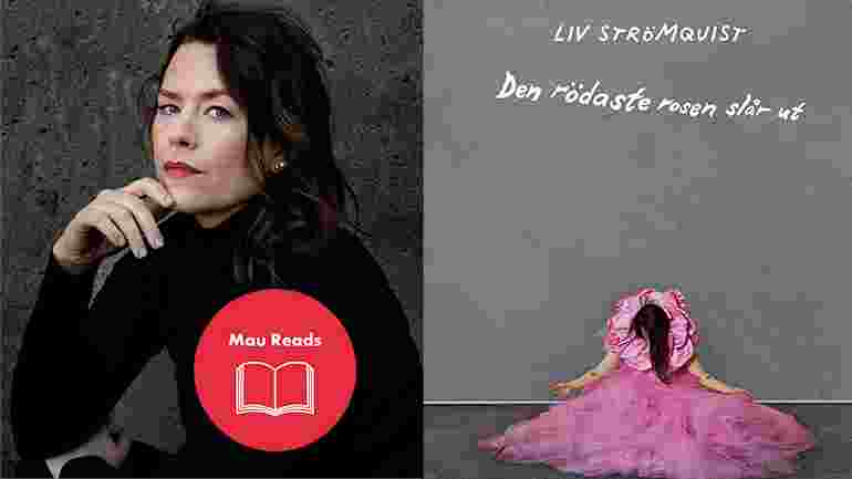 Liv Strömquist i svart polotröja, bild på boken tjej i rosa klänning