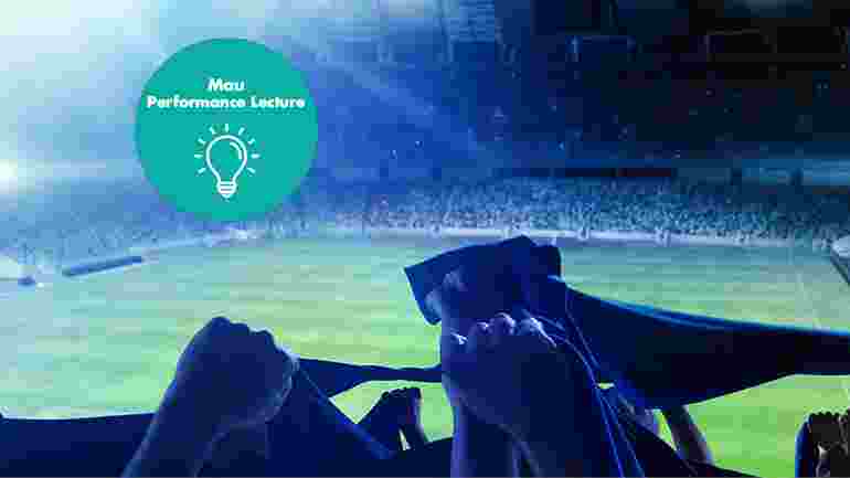Fotbollsplan, läktare, händer med halsdukar, grön bubbla med en glödlampa och texten performance lecture
