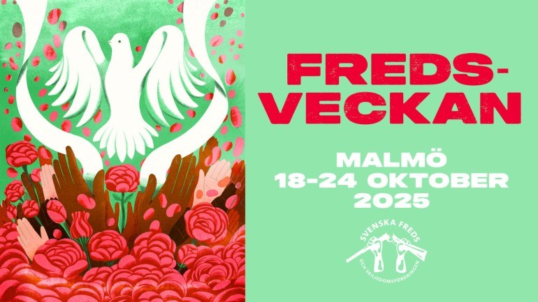 Händer sträcker sig efter en fredsduva, omgivna av röda rosor.