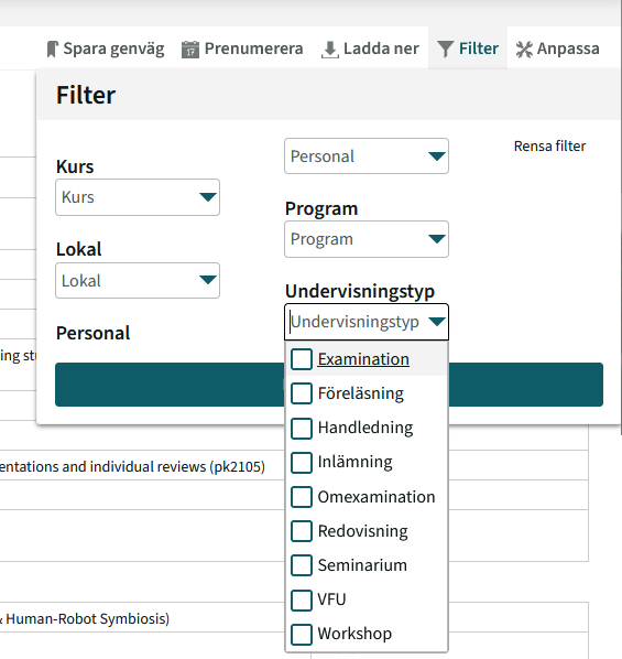 The filter box that drops down, with drop-down menus for “Course occasion,” “Location,” “Staff,” and “Teaching type.” The “Teaching type” drop-down menu is selected.