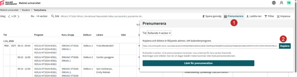 Skärmbild med popup Prenumerera på schema.
