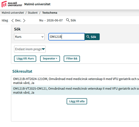 Search results for a search on course code “OM121B”.