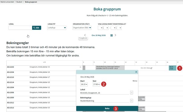 Skärmbild, bokningsläge, lista över lokaler som kan bokas.