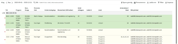 En schemavvy i textformat som visar resultatet av en sökning.