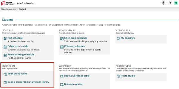 Screenshot showing the TimeEdit interface, with ‘Book a room’ highlighted.