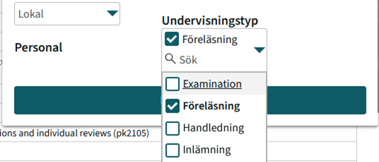 The “Teaching type” drop-down menu is expanded and displays a list of teaching types. The “Lecture” option is selected.