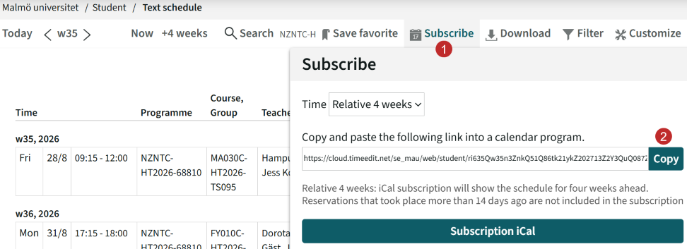 Screenshot from TimeEdit.