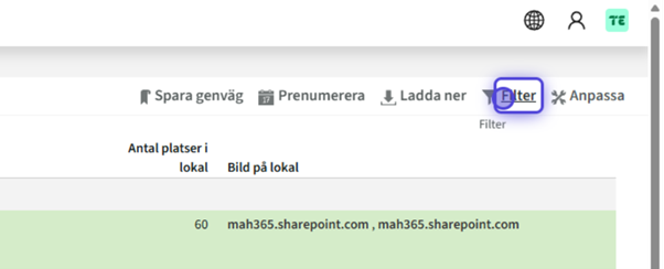 Filter-knappen ser ut som en tratt och finns näst längst till höger i menyraden.