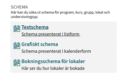 Search for schedules for programs, courses, groups, rooms, and teaching types.